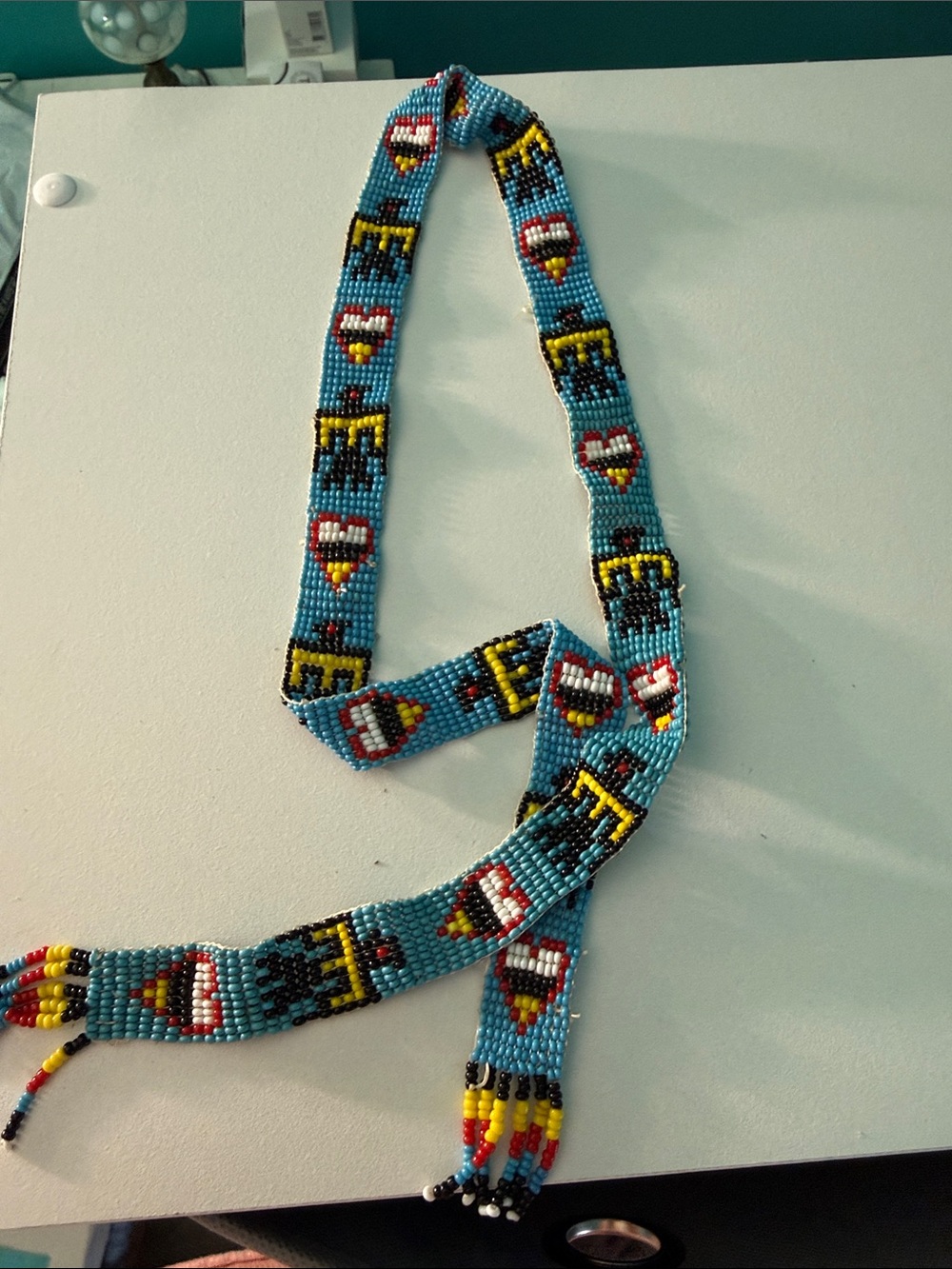 Handmade Beaded Necklace - Light Blue with Multicolor Motifs
